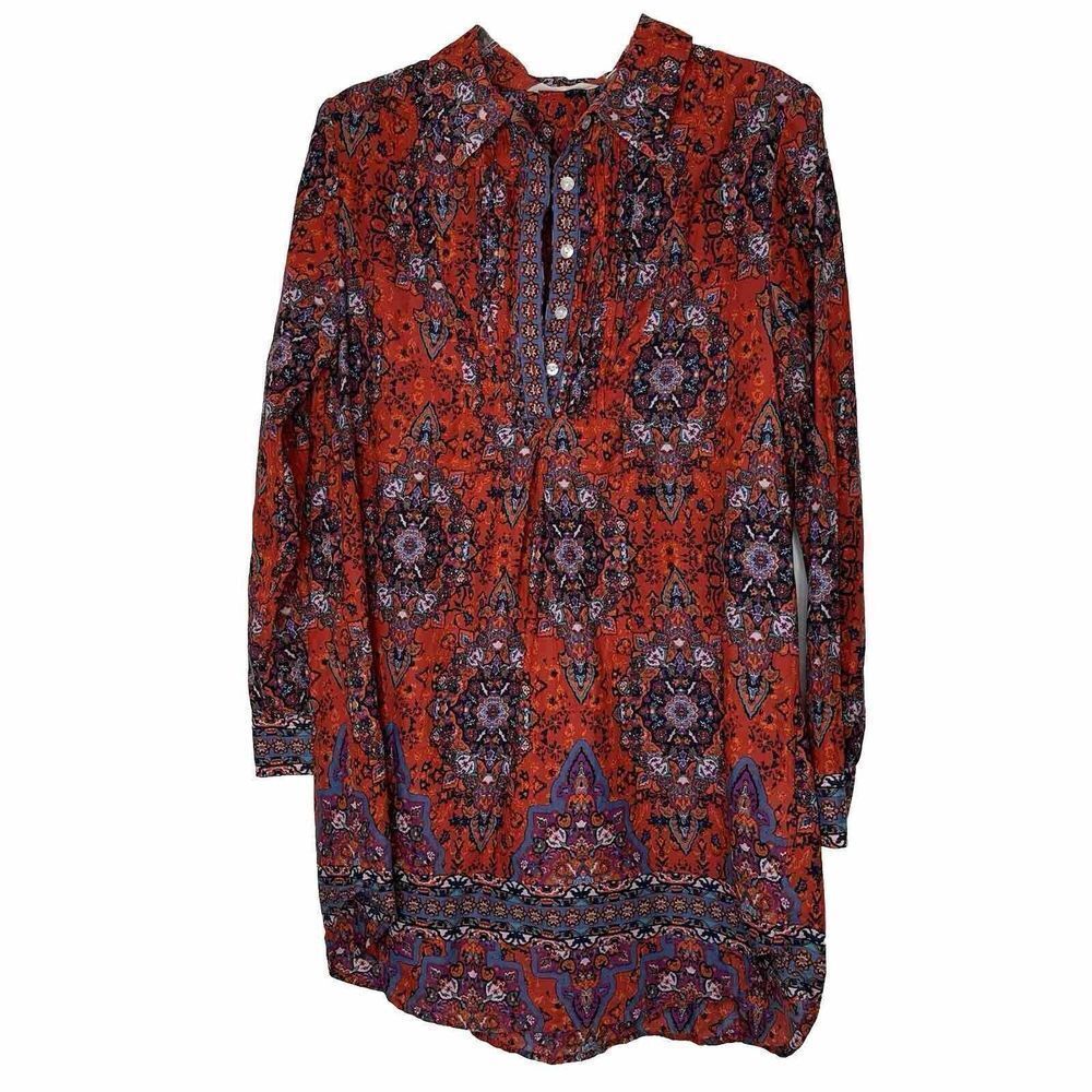 Soft Surroundings Tabitha Tunic Top Dress Moroccan Red Blue Print Size M Pintuck